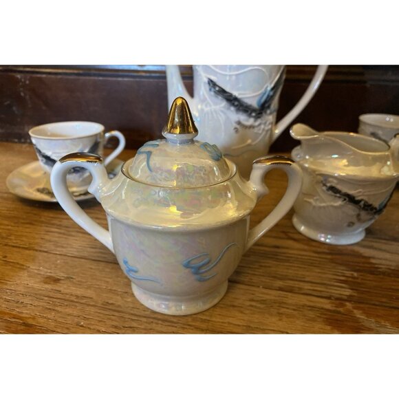 Vtg Japanese Moriage Dragonware Lithophane Geisha Coffee or Tea Set Black 15 Pc - Picture 4 of 16